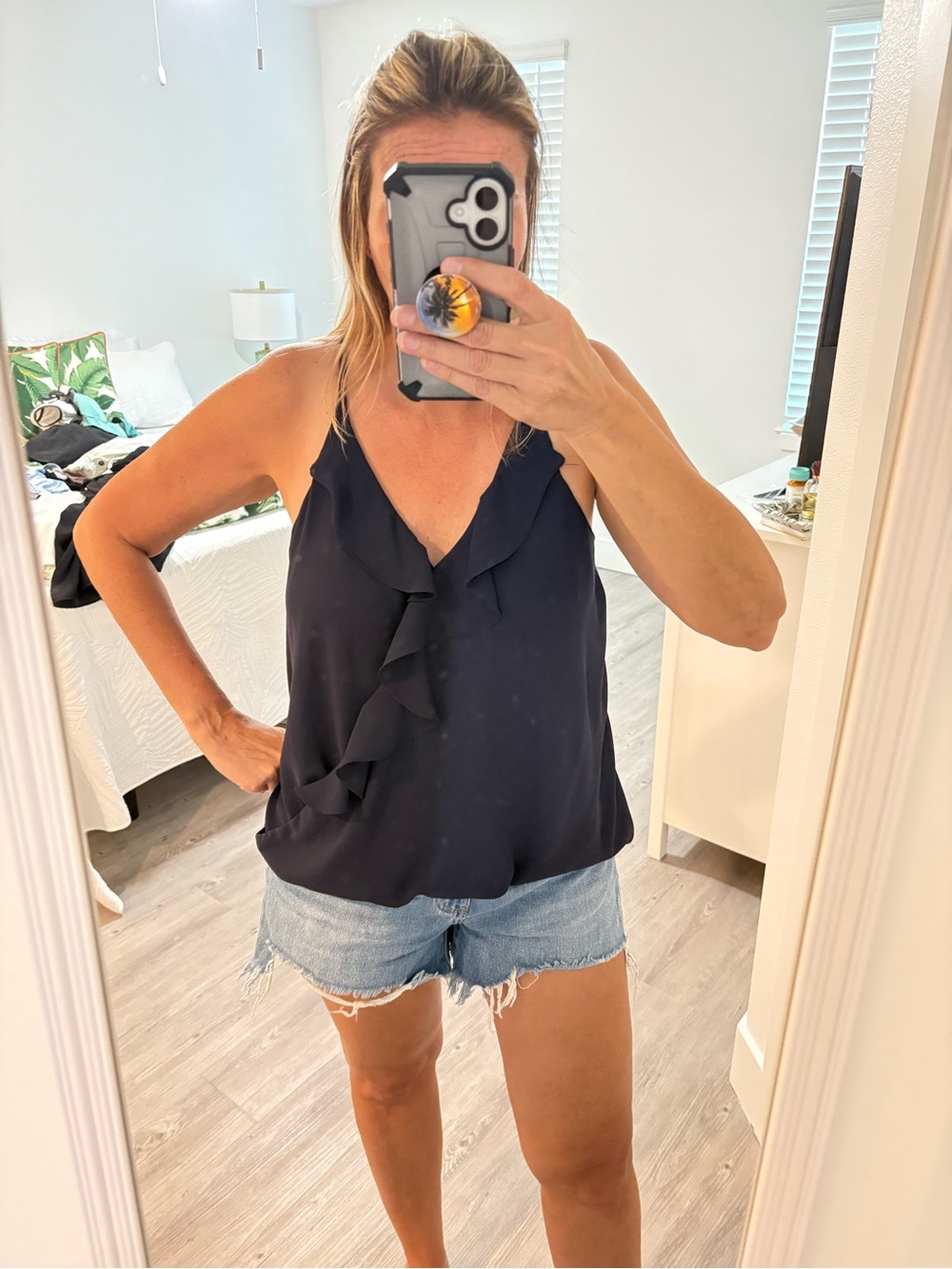 Ruffled V-Neck Tank Top in navy blue